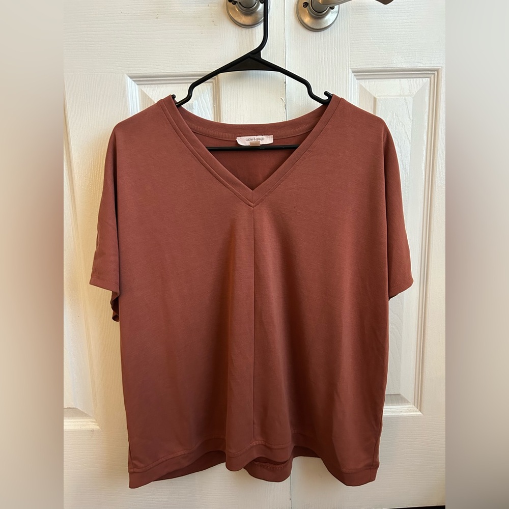 Cable & Gauge Short Sleeve V-Neck Top in Rust